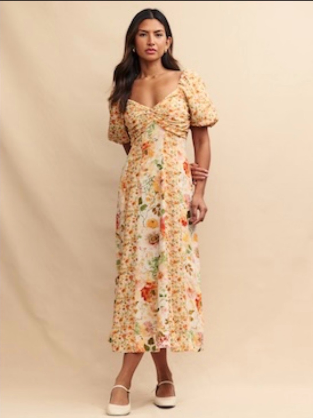 Sweetheart Floral Puff-Sleeve Midi Dress in Cream Floral